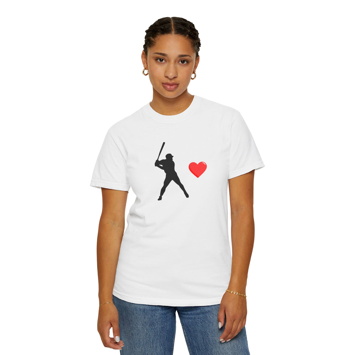 Printify baseball batter heart T-shirt showing a graphic of a batter with a heart design on a casual cotton T-shirt.