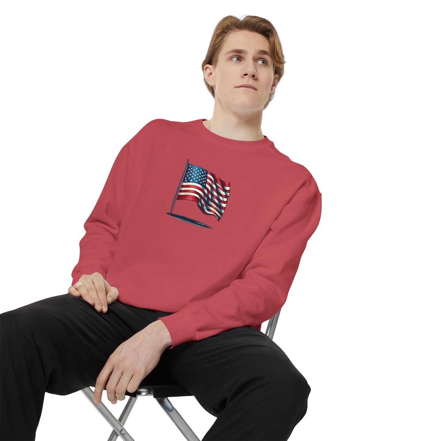 Patriotic Unisex Garment-Dyed Sweatshirt with Vintage American Flag, Cozy Fall Outfit, Statement Sweater, Gift for Veterans, Casual Fashion - TRV