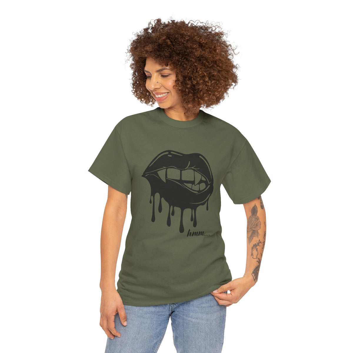 Gray graphic t-shirt by Printify featuring a dripping lips design with 'hmm...' bite graphic on the front.