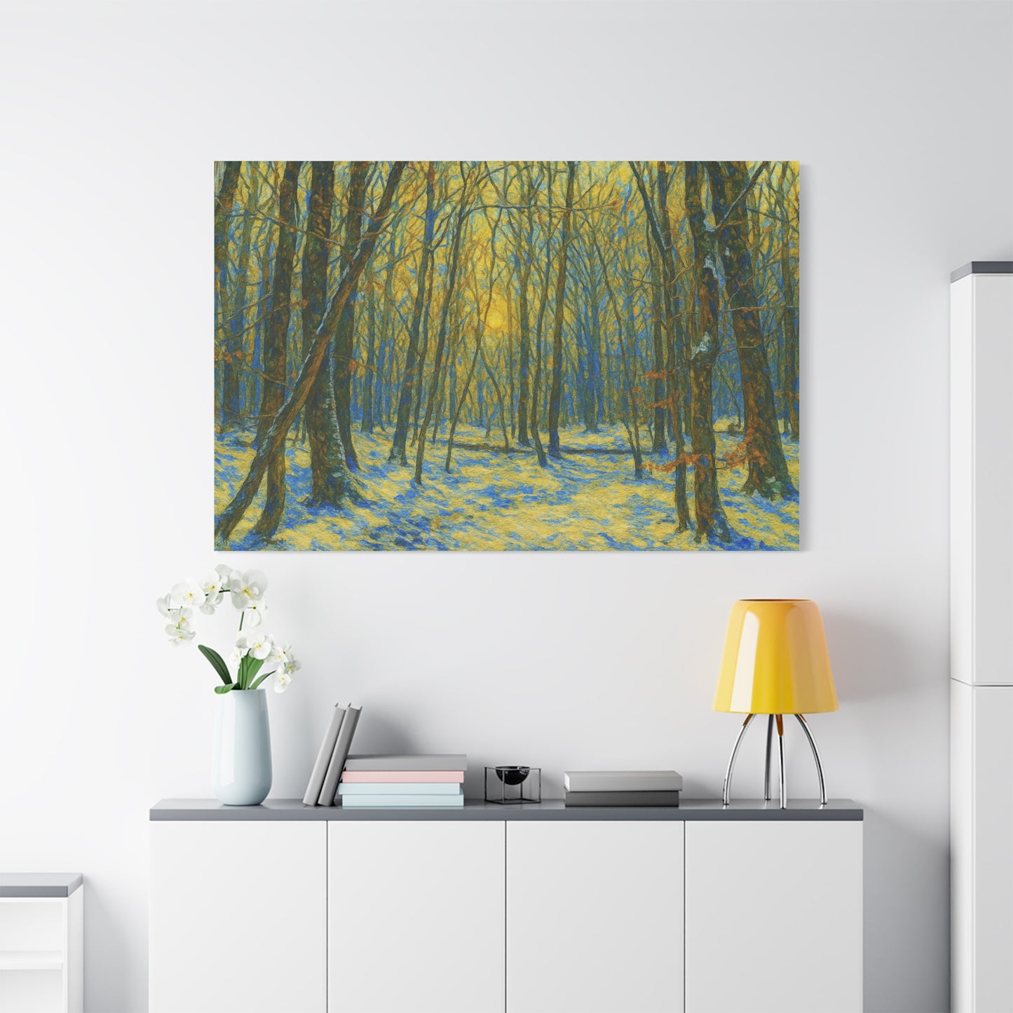 Winter woodland forest sunlight canvas print, matte stretched art by Printify showcasing a serene winter forest scene.