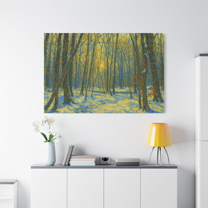 Winter woodland forest sunlight canvas print, matte stretched art by Printify showcasing a serene winter forest scene.