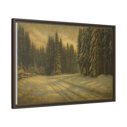 Framed matte canvas wall art of winter forest landscape by Printify, featuring snow-covered trees and a serene woodland scene.