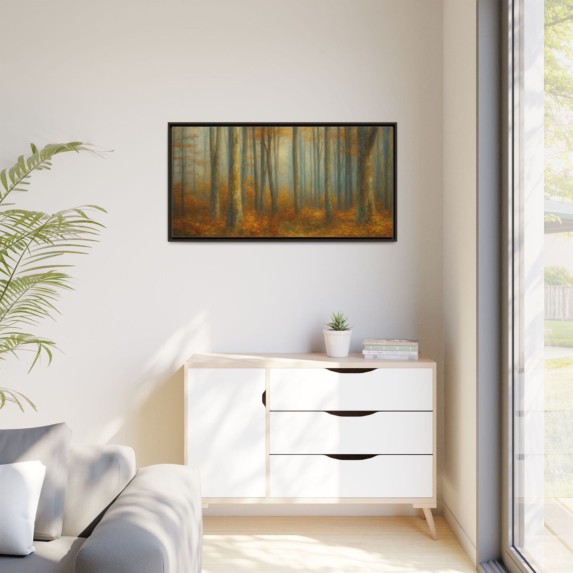 Framed autumn forest canvas print featuring misty woodland scene, wall art by Printify with natural autumn colors and detailed landscape.