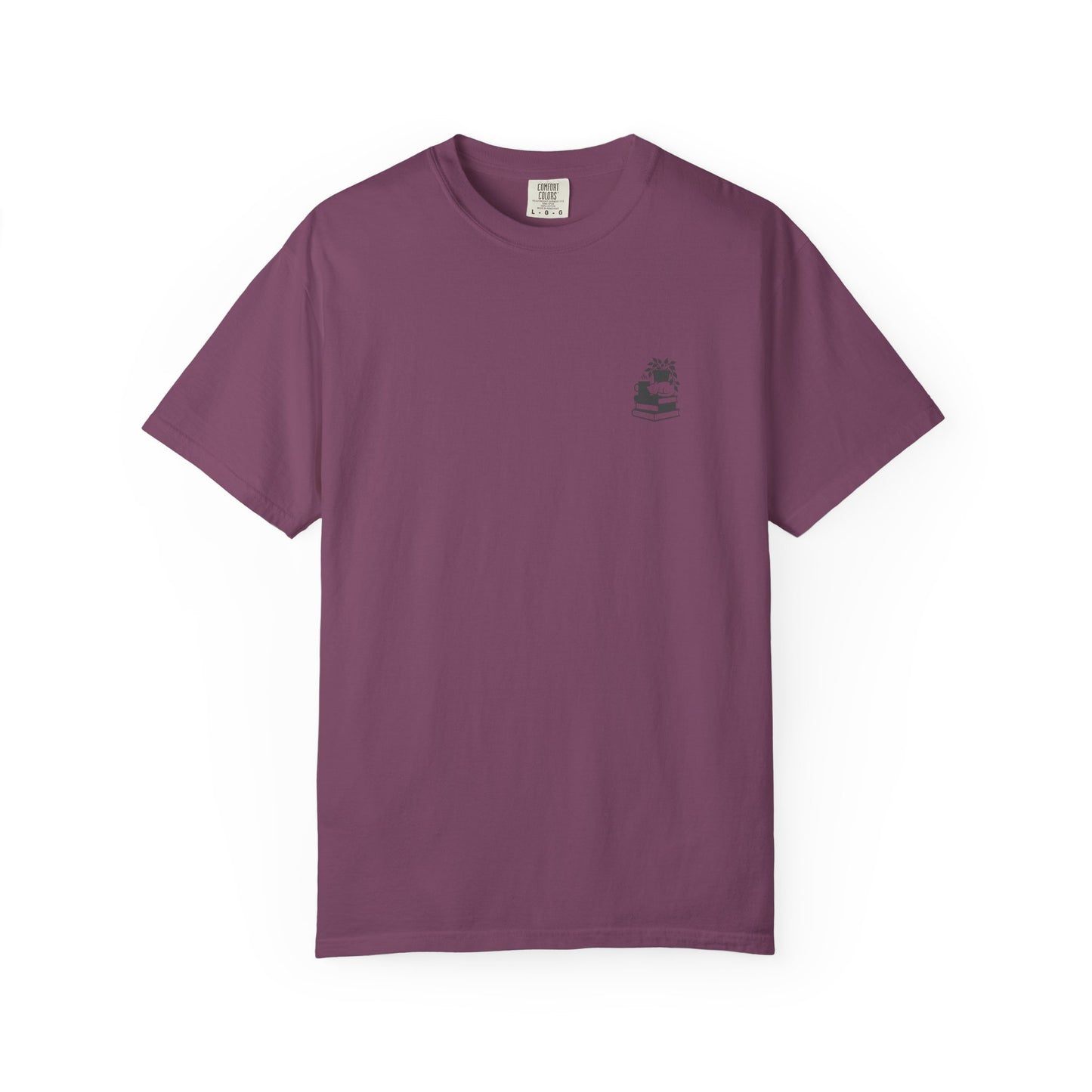 Cozy Cat on Books T-Shirt | Reading Tea Stack Illustration