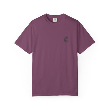 Cozy Cat on Books T-Shirt | Reading Tea Stack Illustration