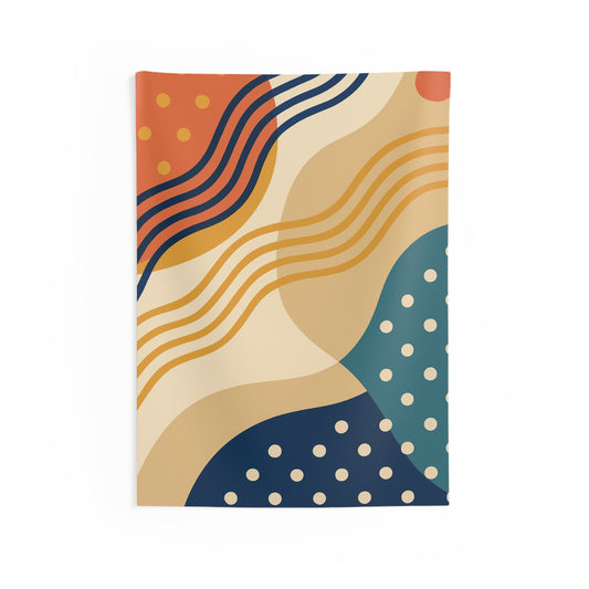 Abstract retro wave wall tapestry featuring vibrant geometric patterns, perfect for midcentury boho home decor.