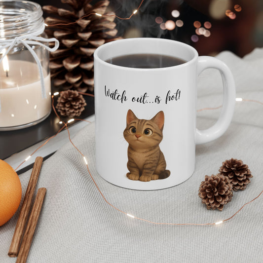 Ceramic latte lover mug with cute coffee cat illustration, available in 11oz and 15oz sizes, by Printify.