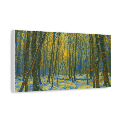 Winter woodland forest sunlight canvas print, matte stretched art by Printify featuring a serene winter woodland scene