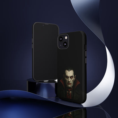 Gothic vampire portrait phone case for iPhone with Dracula horror design, featuring dark, detailed artwork by Printify.
