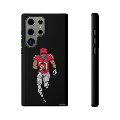 Black football player tough phone case for iPhone, protective sports-themed design by Printify, shown on a smartphone.