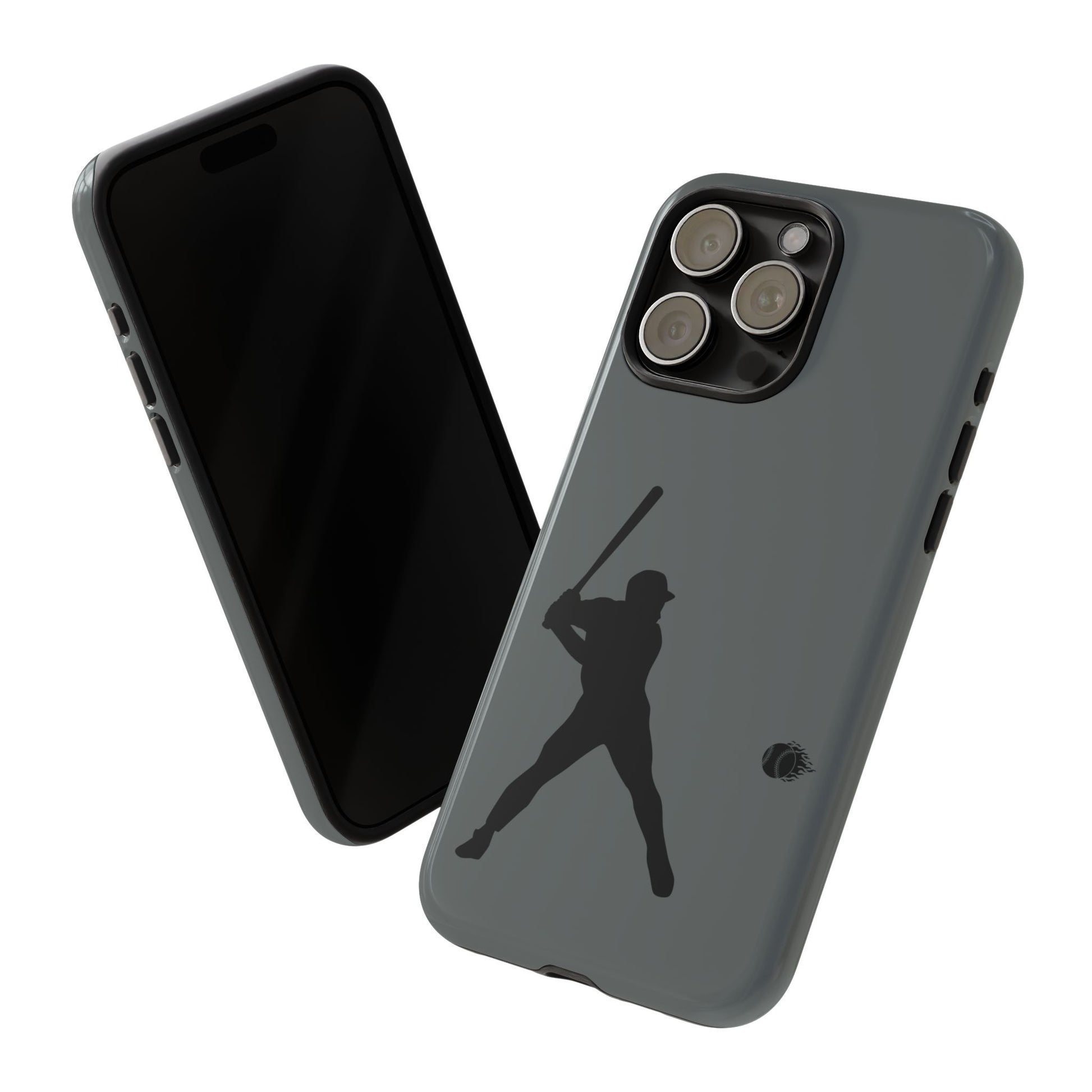 Black iPhone case with baseball silhouette design, durable protective phone cover by Printify for sporty style.