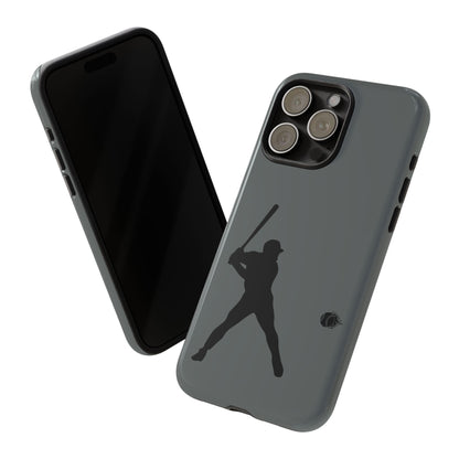Black iPhone case with baseball silhouette design, durable protective phone cover by Printify for sporty style.