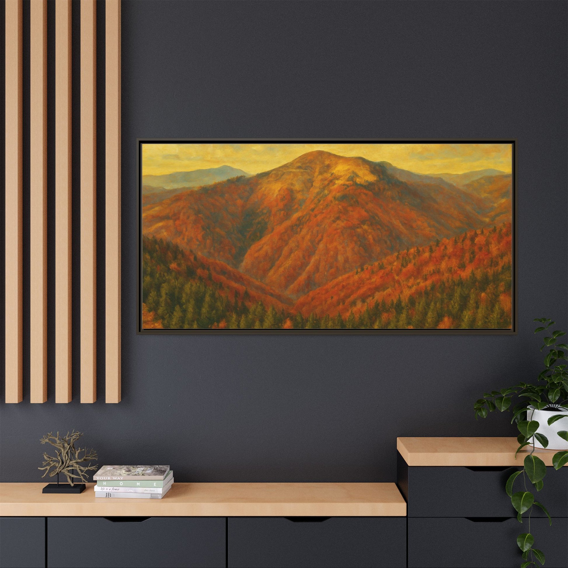 Autumn mountain landscape on matte canvas wall art by Printify, framed and ready for home decor.