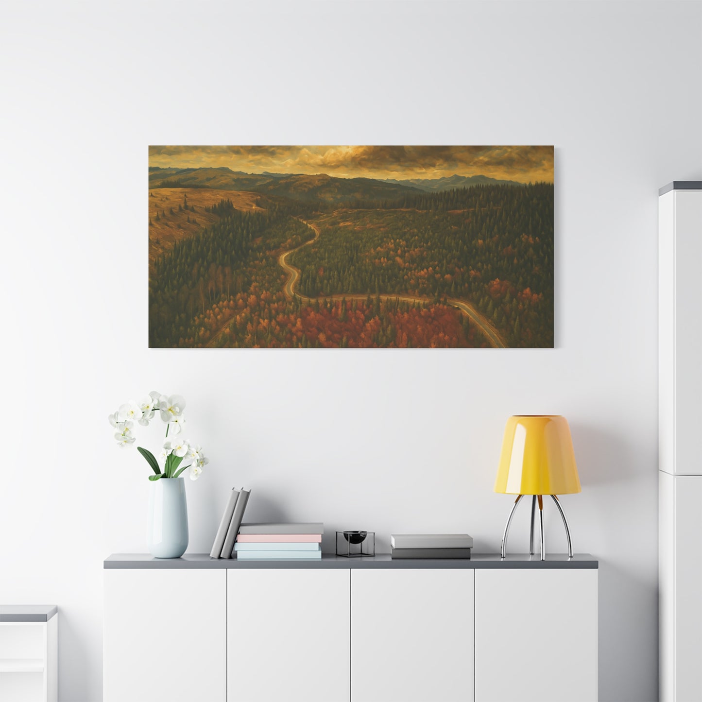 Moody forest landscape on Autumn Ridge Road matte stretched canvas wall art by Printify, featuring a moody woodland scene.