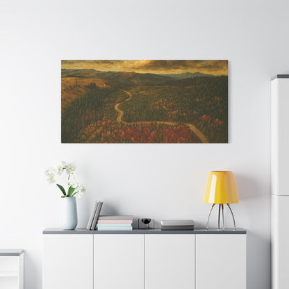 Moody forest landscape on Autumn Ridge Road matte stretched canvas wall art by Printify, featuring a moody woodland scene.