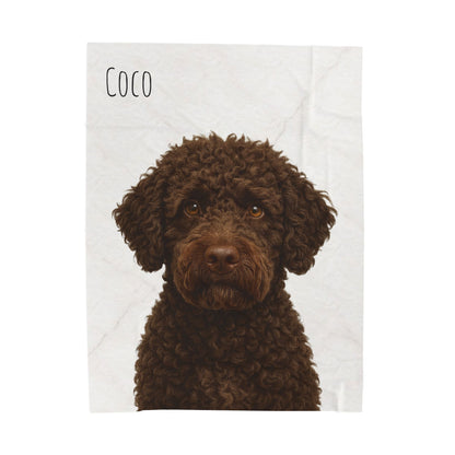 Custom brown Labradoodle portrait blanket with velveteen plush finish, featuring all-over print design by Printify.