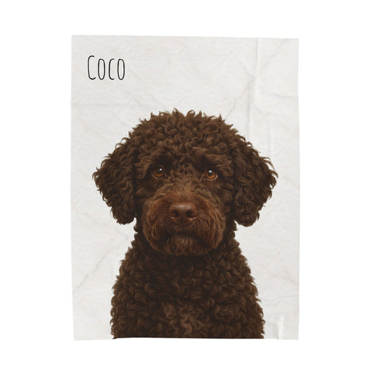 Custom brown Labradoodle portrait blanket with velveteen plush finish, featuring all-over print design by Printify.