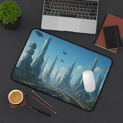 Futuristic cityscape desk mat featuring sci-fi skyline design, ideal for office or gaming setups.
