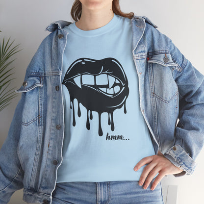 Black graphic T-shirt from Printify featuring dripping lips with a 'hmm...' bite design on the front.