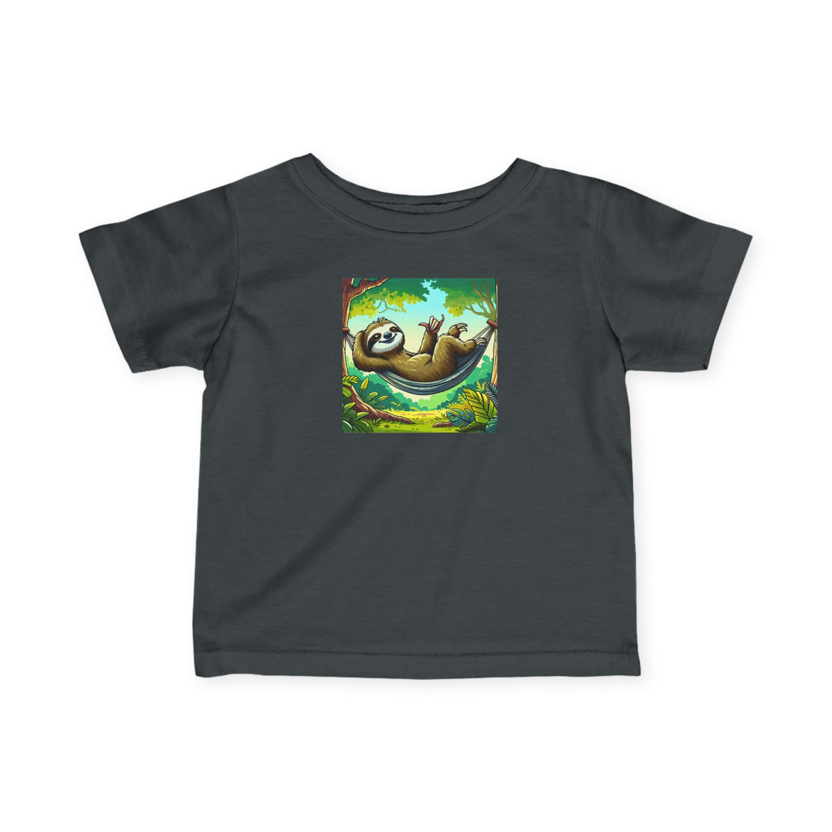 Infant baby shirt featuring a cute sloth nap graphic, soft kids' clothes by Printify, ideal for comfortable baby wear.