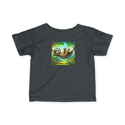 Infant baby shirt featuring a cute sloth nap graphic, soft kids' clothes by Printify, ideal for comfortable baby wear.