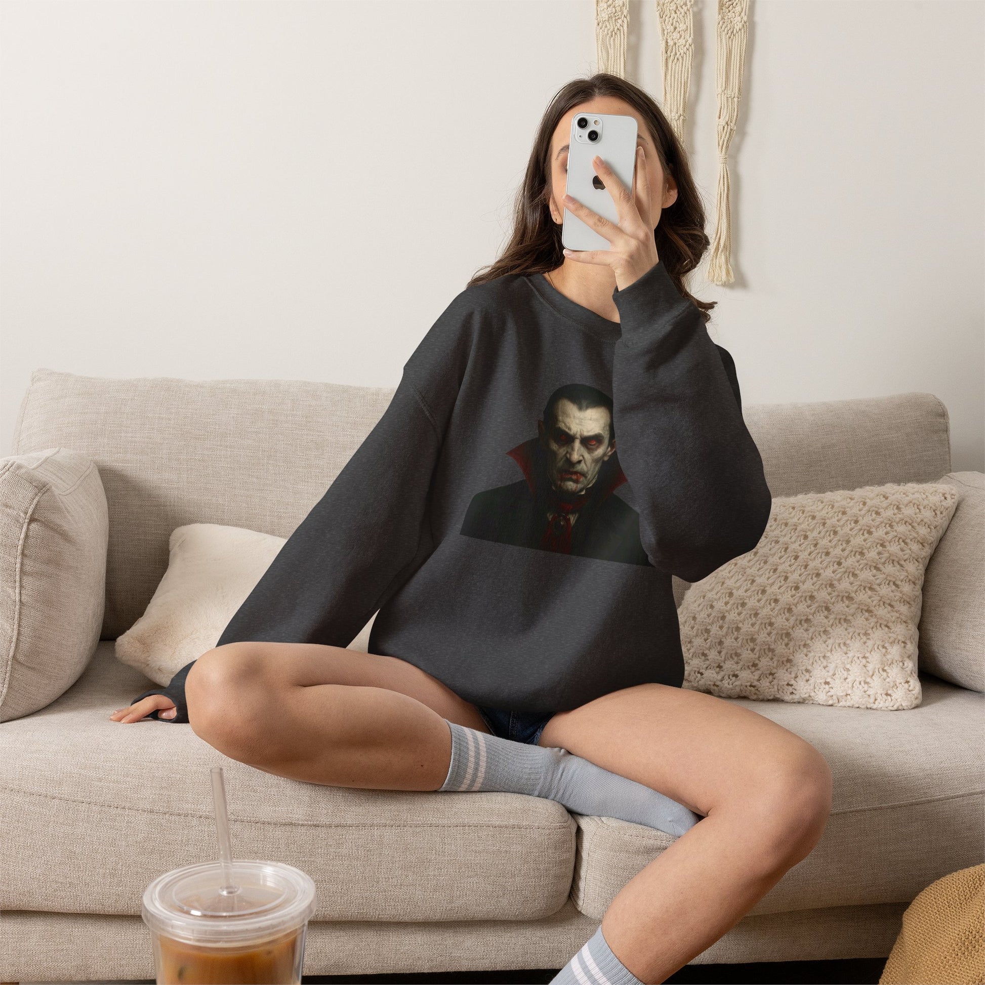 Vampire portrait crewneck sweatshirt from Printify featuring a detailed vampire graphic on a dark fabric background.