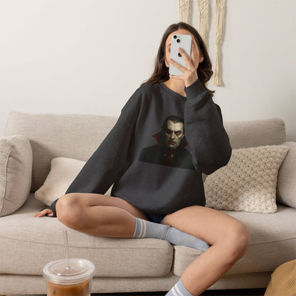Vampire portrait crewneck sweatshirt from Printify featuring a detailed vampire graphic on a dark fabric background.