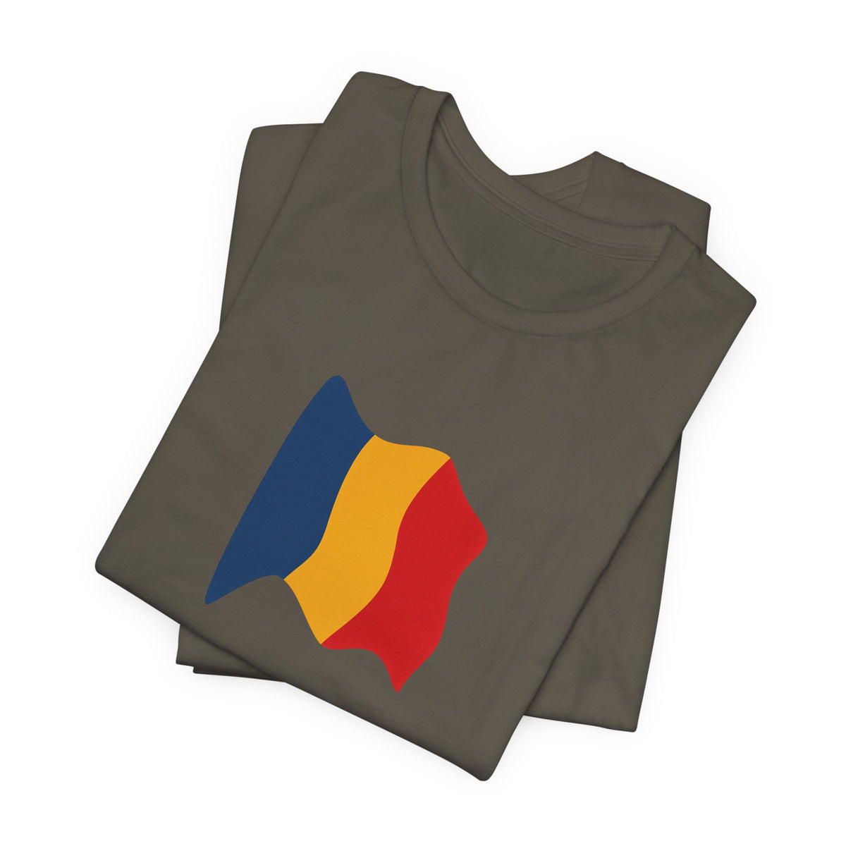 Romania flag T-shirt by Printify featuring a minimal waving tricolor design on a casual cotton tee.