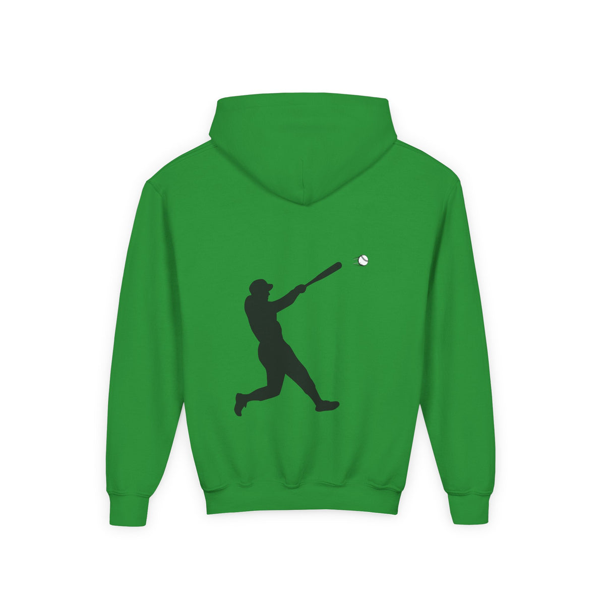 Youth baseball silhouette hoodie for kids, featuring a baseball player pullover design in comfortable kids' clothing from Printify.