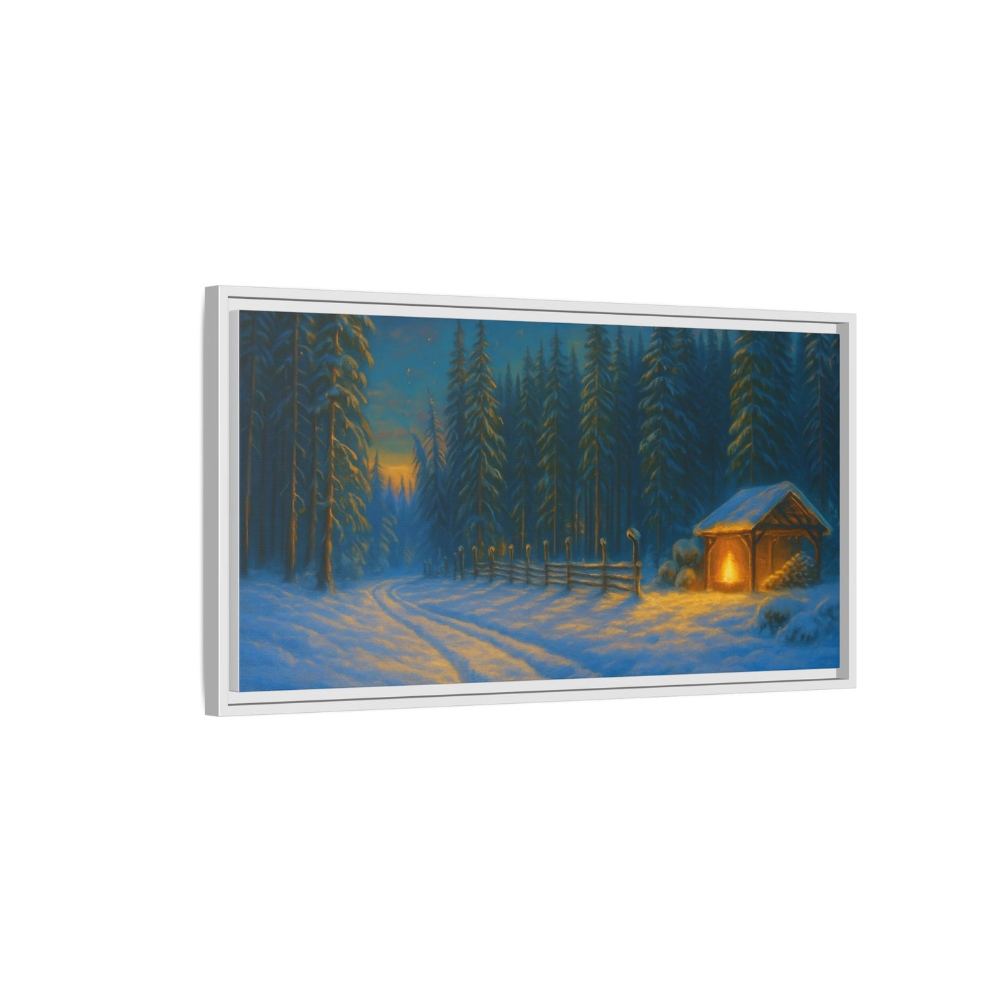 Cozy winter cabin wall art on matte framed canvas, snowy forest evening scene, ideal for rustic home decor.