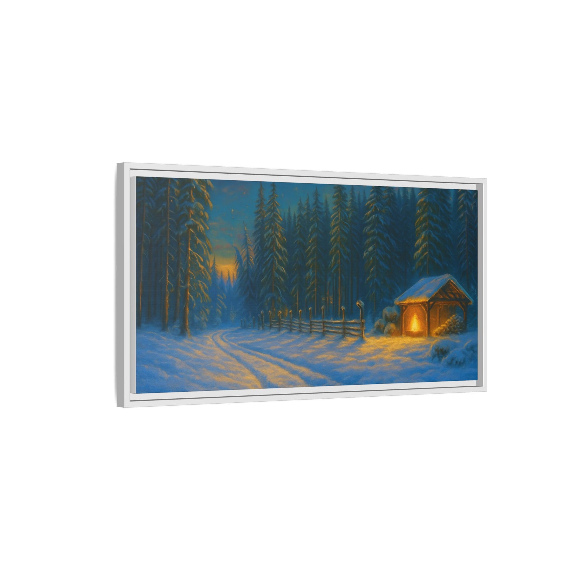 Cozy winter cabin wall art on matte framed canvas, snowy forest evening scene, ideal for rustic home decor.