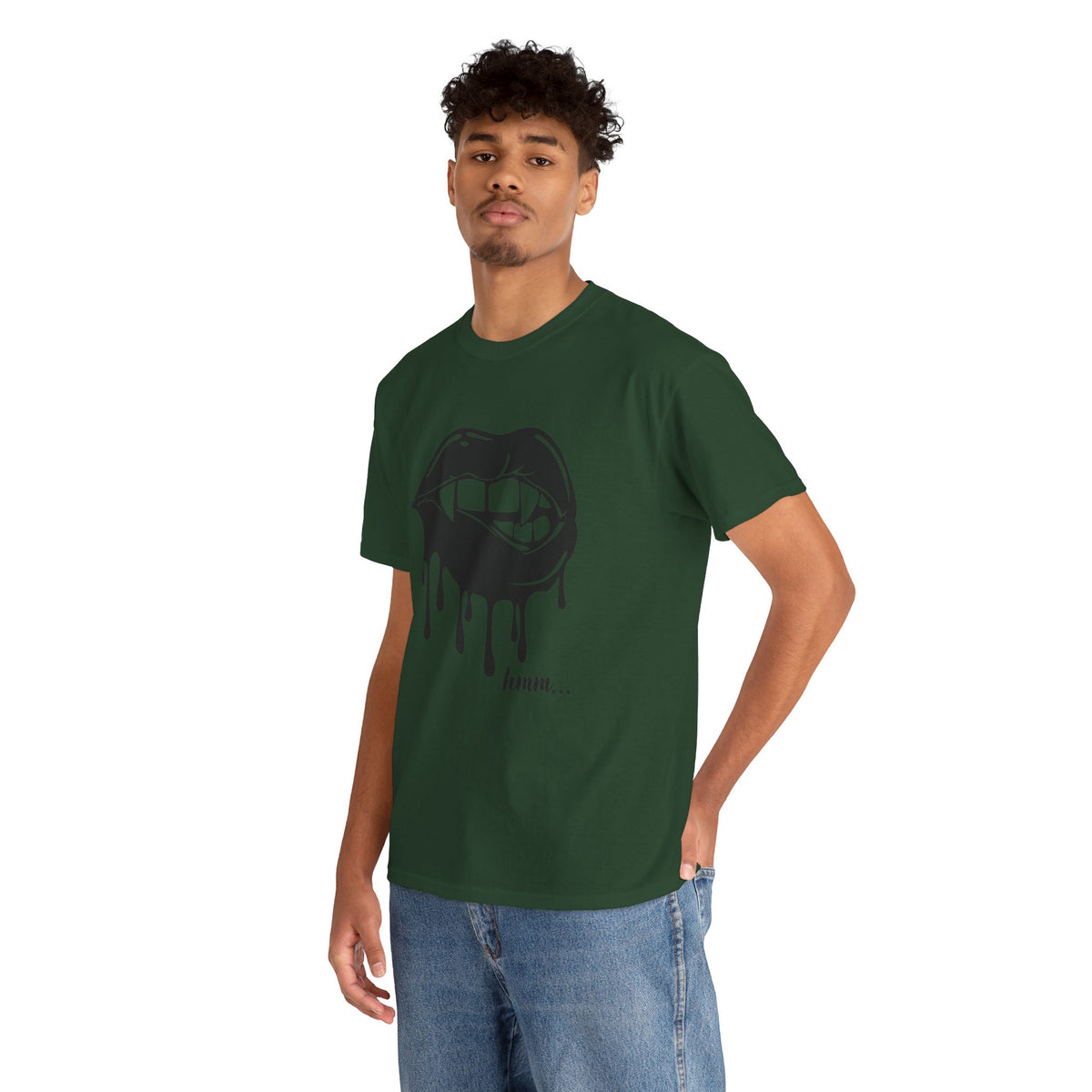 Graphic T-shirt by Printify featuring a dripping lips 'hmm...' bite design in bold, eye-catching style.