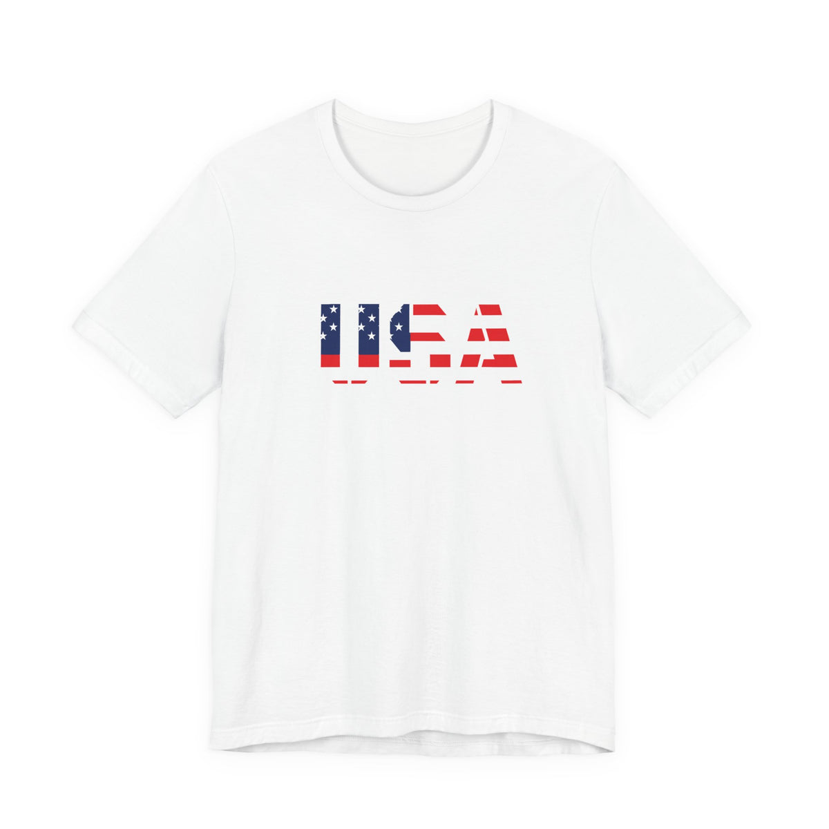 USA Flag Text T-shirt by Printify featuring patriotic Fourth of July design, with bold flag graphics and "USA" text on a casual tee.