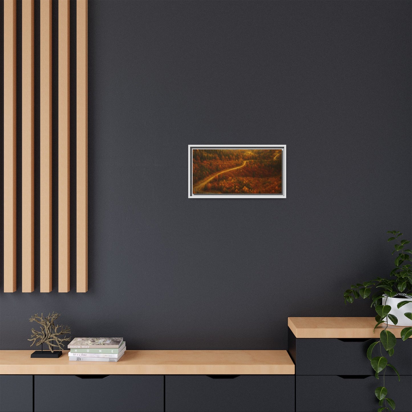 Framed matte canvas print of autumn forest road landscape wall art by Printify, featuring warm fall colors and natural scenery.