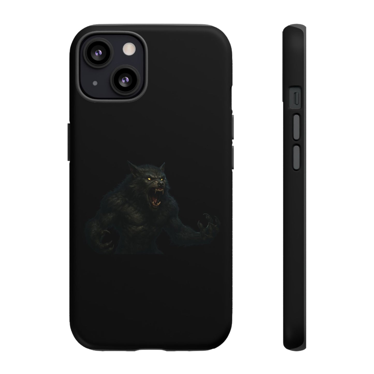 Werewolf phone case with dark monster graphic, rugged protective design, fits smartphone models, by Printify.