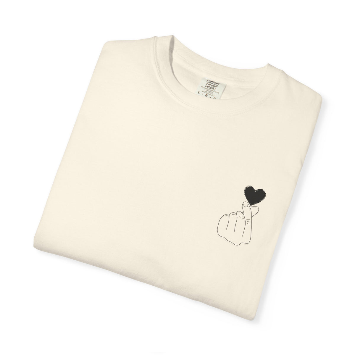 Black T-shirt with a minimal finger heart graphic, featuring a simple black heart design on the front, by Printify.