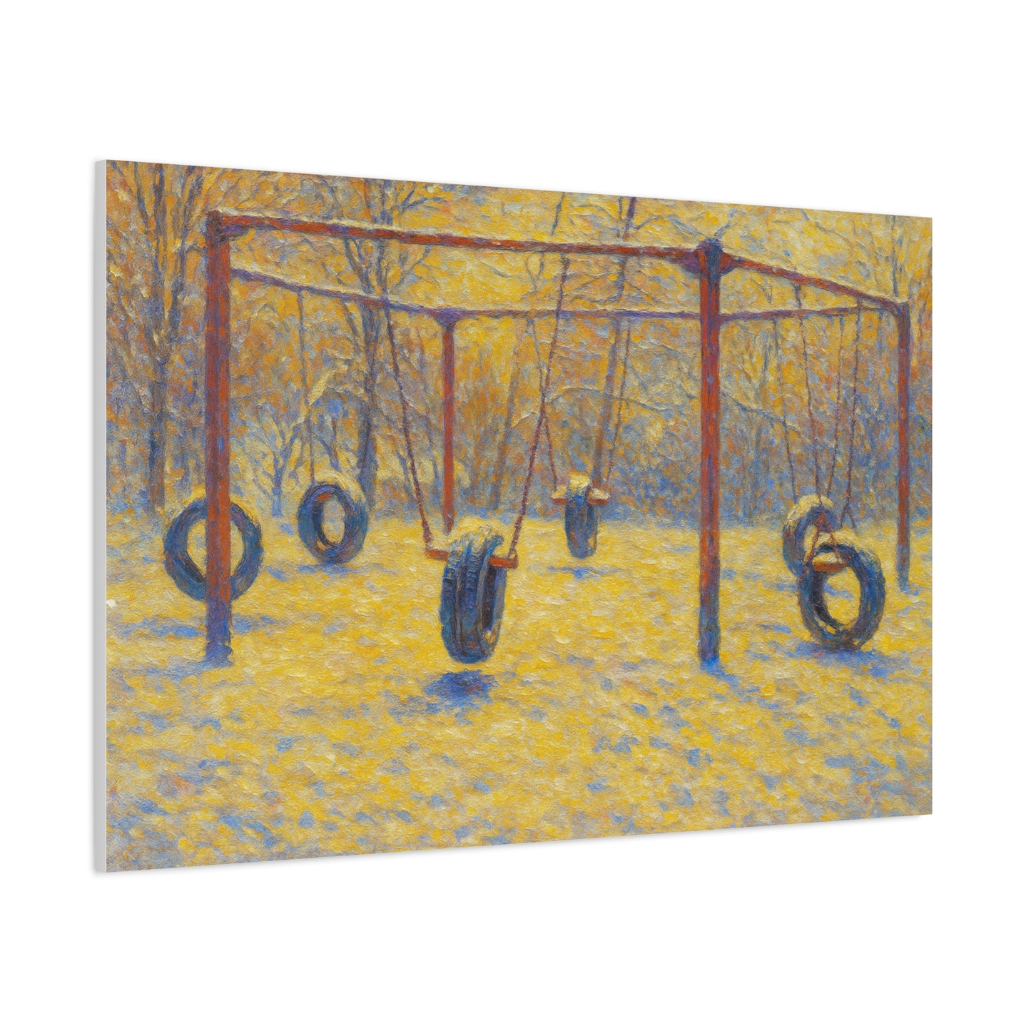 Matte stretched canvas wall art of a tire swing playground scene, designed for home or kids' room decor by Printify.