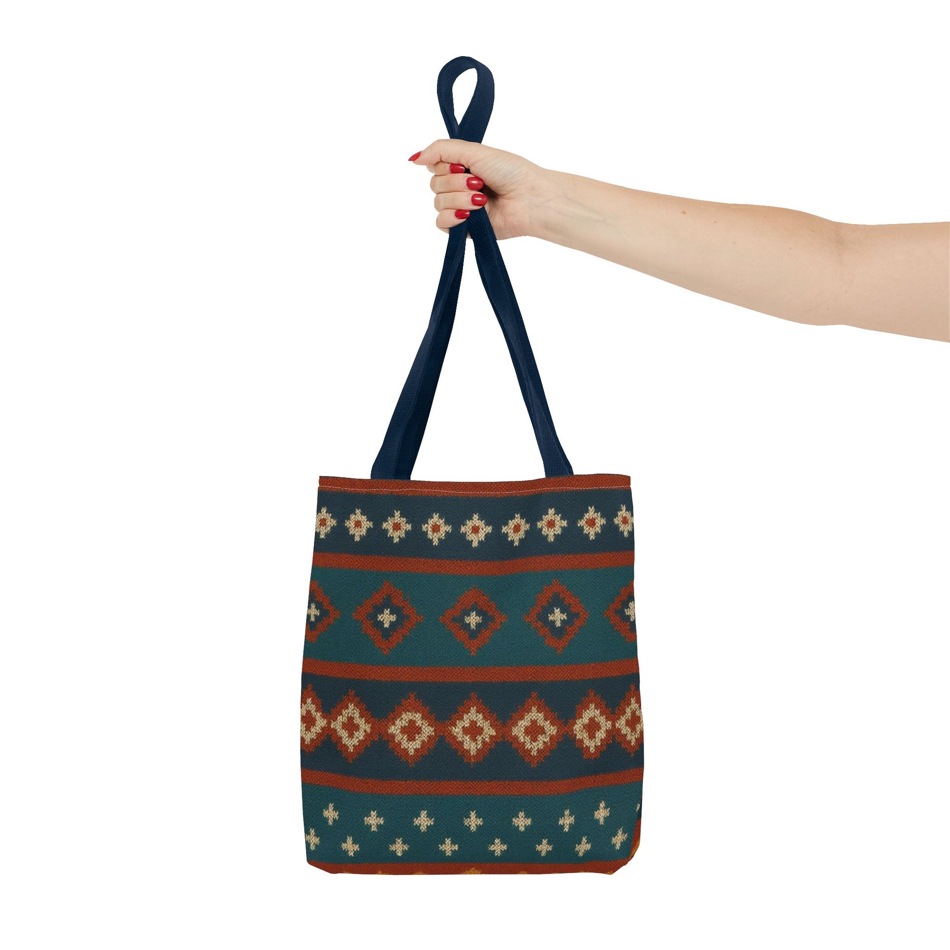 Southwestern diamond pattern tote bag with Aztec tribal geometric print, casual fabric bag with sturdy handles and vibrant design.