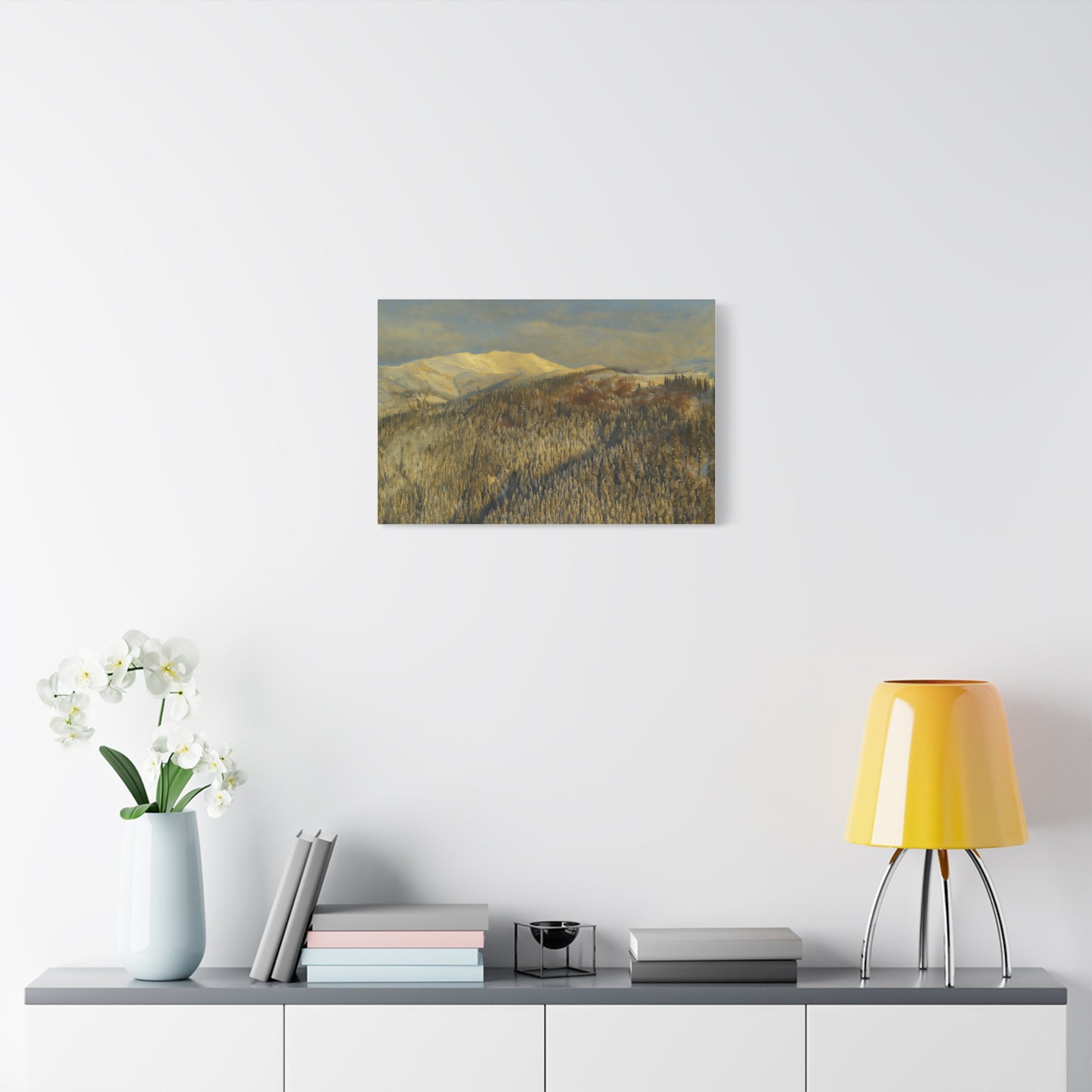 Winter mountain landscape matte canvas print by Printify, stretched 1.25 inches, featuring a scenic snowy mountain view.