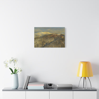 Winter mountain landscape matte canvas print by Printify, stretched 1.25 inches, featuring a scenic snowy mountain view.