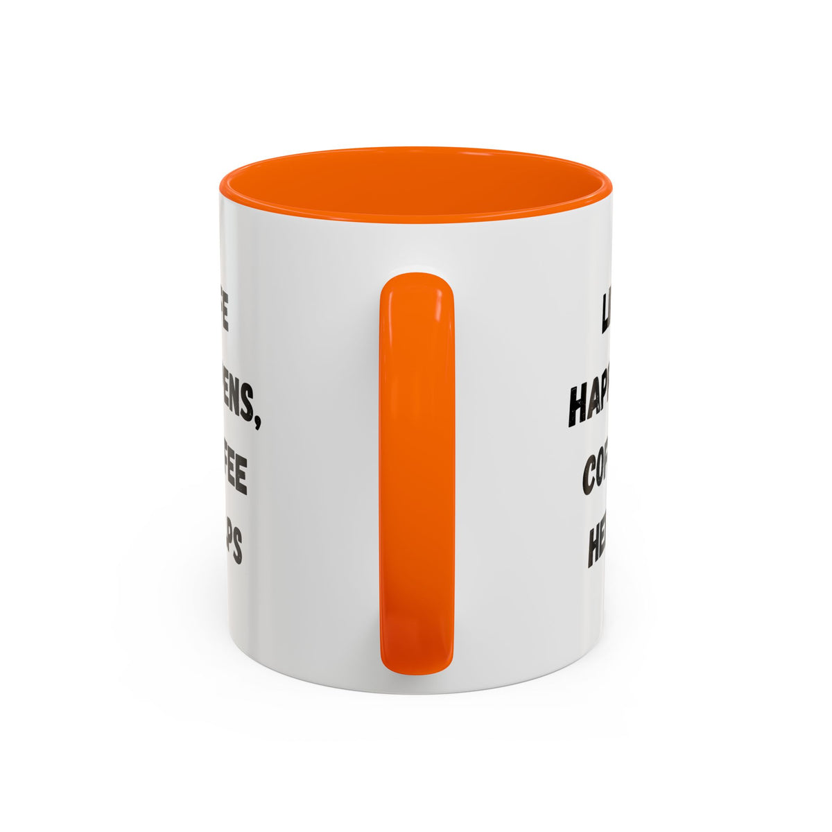 Black ceramic mug with "Life Happens Coffee Helps" text, 11oz or 15oz size, with black handle and rim, by Printify.
