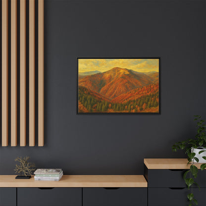 Autumn mountain matte canvas framed wall art by Printify showcasing a scenic mountain landscape in warm fall colors.
