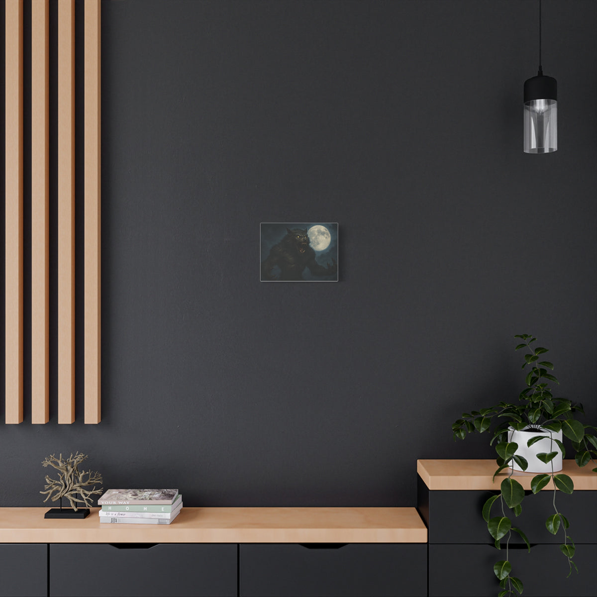 Spooky werewolf moon matte canvas print featuring a full moon, perfect as eerie wall art for Halloween or gothic decor.