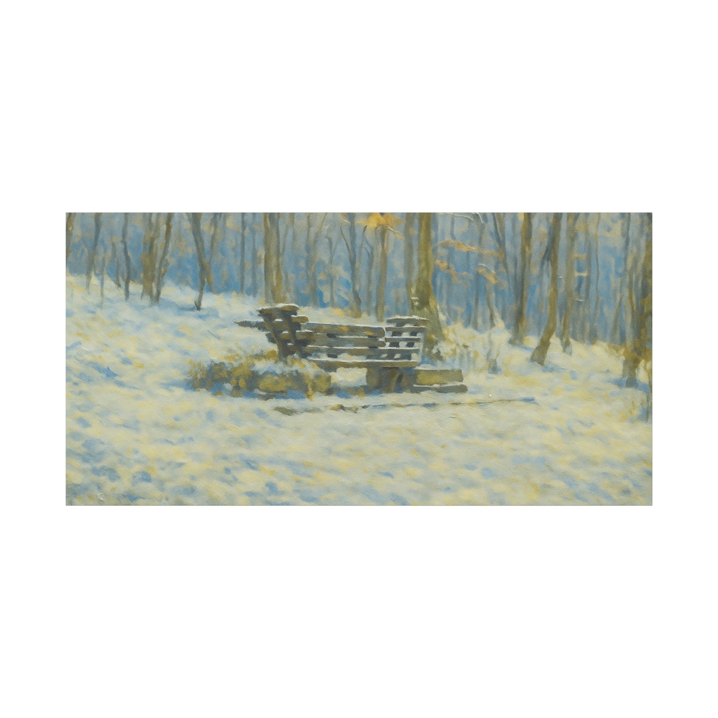 Snowy park bench matte canvas print of winter woodland scene, stretched 1.25 inches, by Printify, wall art with snowy forest setting.