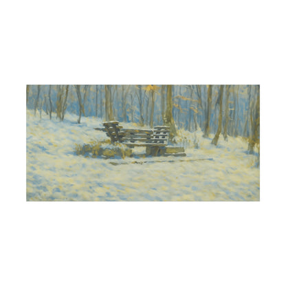 Snowy park bench matte canvas print of winter woodland scene, stretched 1.25 inches, by Printify, wall art with snowy forest setting.