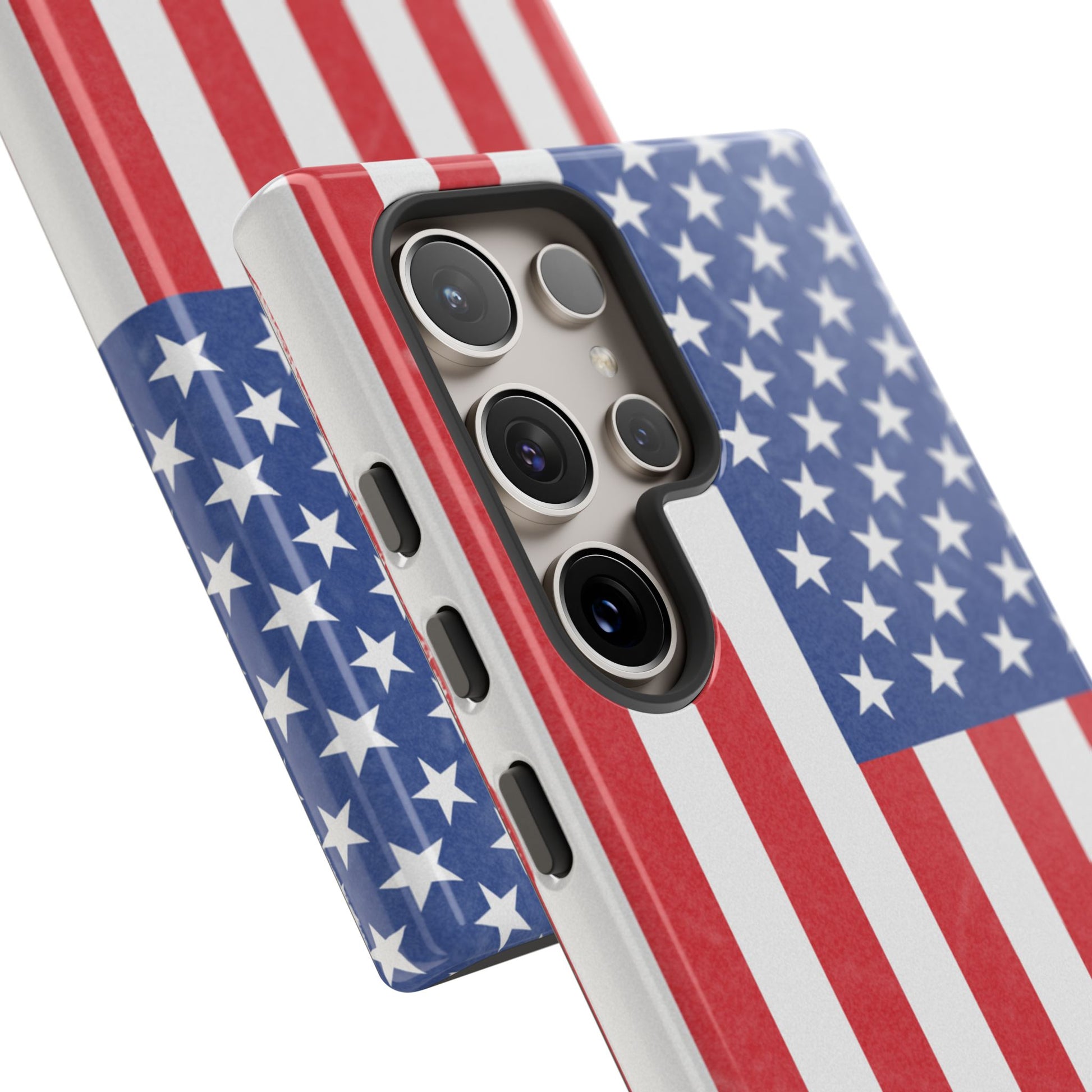 Durable American flag phone case for iPhone with patriotic design, made by Printify, offering protection and style.