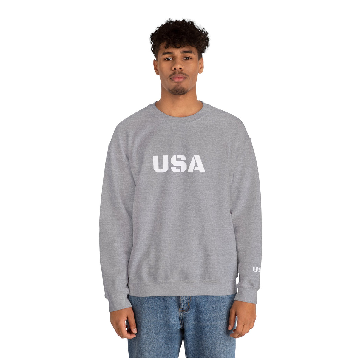 Gray USA crewneck sweatshirt by Printify featuring patriotic design, cozy fit, perfect for all seasons.