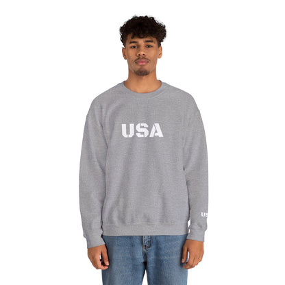 Gray USA crewneck sweatshirt by Printify featuring patriotic design, cozy fit, perfect for all seasons.