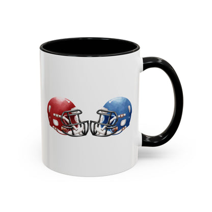 Football Helmet Coffee Mug — Red vs Blue Rivalry Accent Mug (11/15oz)
