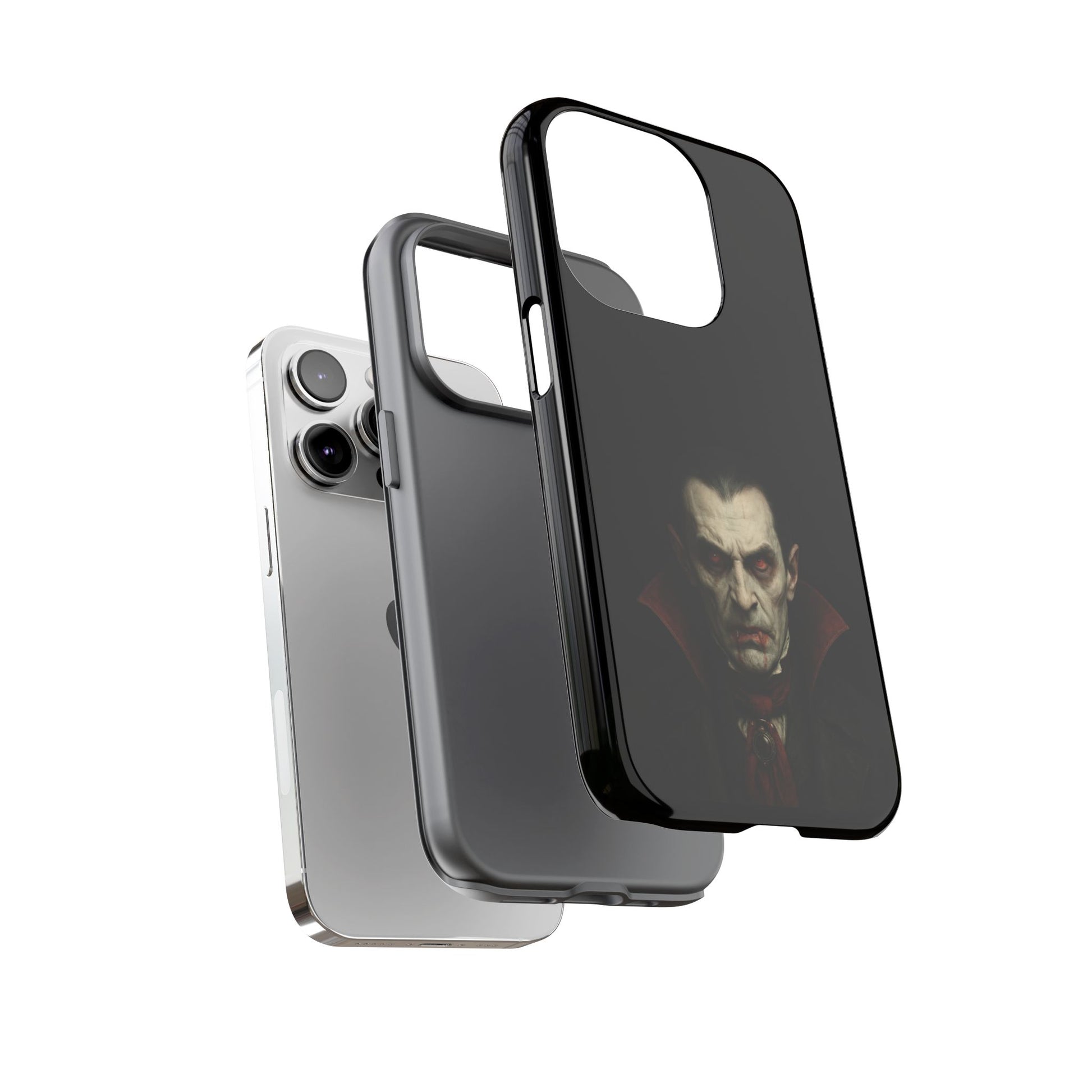 Gothic vampire portrait phone case for iPhone, featuring Dracula horror design on a Printify protective cover.